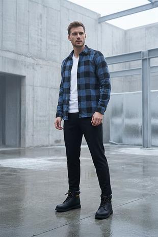Mavi Siyah Dama Slimfit Oduncu Gömlek &  Beyaz Slimfit Tişört & siyah Pantolon 3lü Kombin