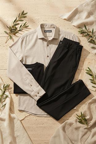 Sütlü Kahve Slimfit Oduncu Gömlek & Siyah Tişört & Siyah Pantolon 3lü Kombin