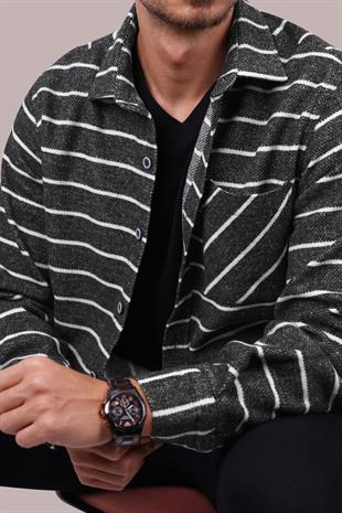 Antrasit Beyaz Çizgili Oversize Oduncu Erkek Gömlek