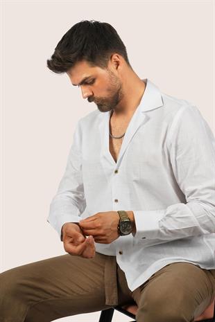 Beyaz Keten Apaj Yaka Oversize Erkek Gömlek