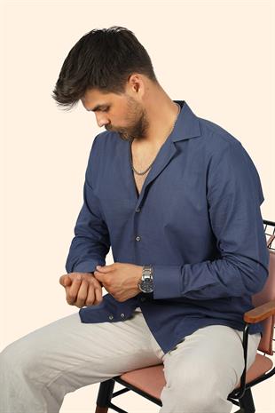 indigo Keten Apaj Yaka Oversize Erkek Gömlek