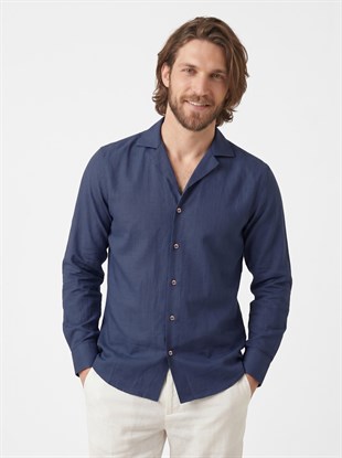 indigo Keten Apaj Yaka Oversize Erkek Gömlek