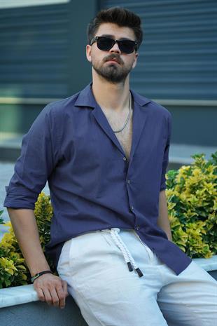 indigo Keten Apaj Yaka Oversize Erkek Gömlek