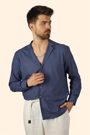 indigo Keten Apaj Yaka Oversize Erkek Gömlek