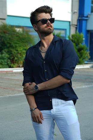 Lacivert Keten Apaj Yaka Oversize Erkek Gömlek
