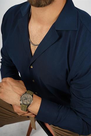 Lacivert Keten Apaj Yaka Oversize Erkek Gömlek