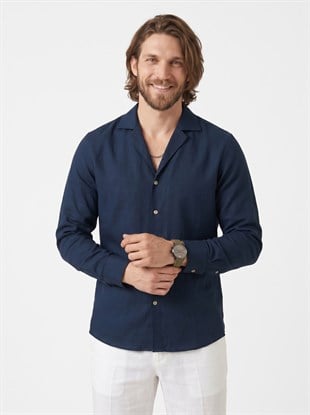 Lacivert Keten Apaj Yaka Oversize Erkek Gömlek