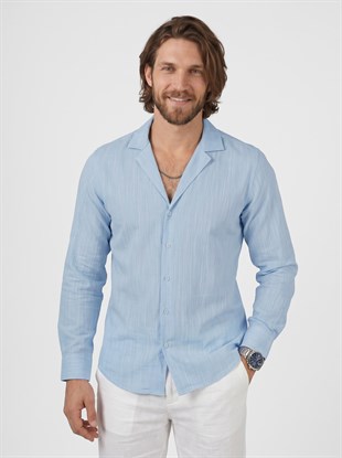 Mavi Keten Apaj Yaka Oversize Erkek Gömlek