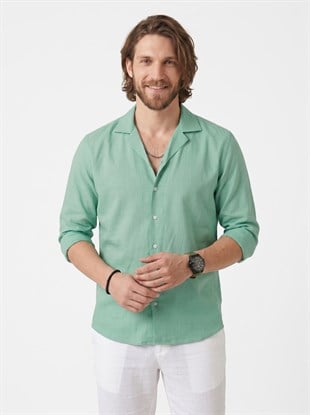 Mint Yeşili Keten Apaj Yaka Oversize Erkek Gömlek