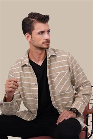 Bej Beyaz Çizgili Oversize Oduncu Erkek Gömlek