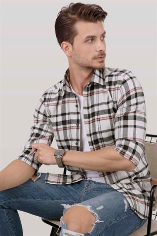 Beyaz Siyah Çizgili Oduncu Erkek Gömlek