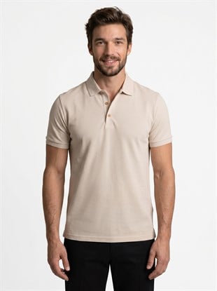 Bej Yaka Desenli Erkek Polo Yaka Tişört