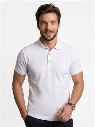 Beyaz Yaka Desenli Erkek Polo Yaka Tişört