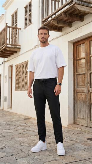 Siyah ipli Kolay Ütülenebilir Easy Iron Jogger Erkek Pantolon