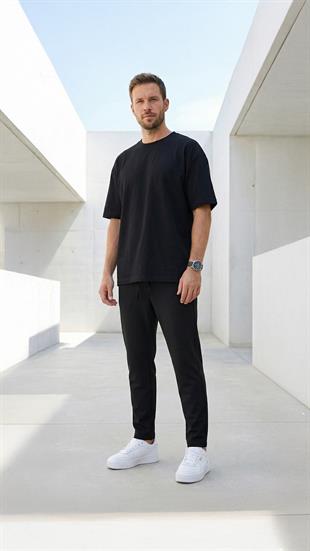 Siyah ipli Kolay Ütülenebilir Easy Iron Jogger Erkek Pantolon