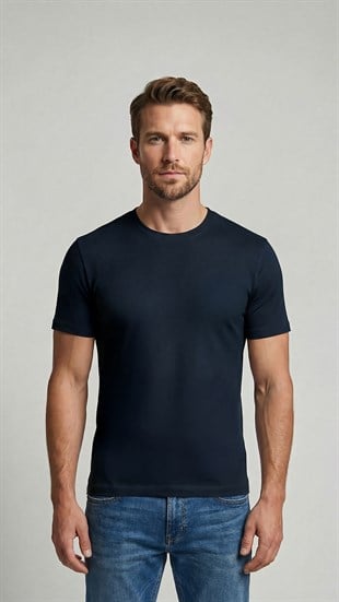 Premium %100 Organik Pamuk 2li Lacivert-Beyaz Basic Slimfit Erkek Tişört