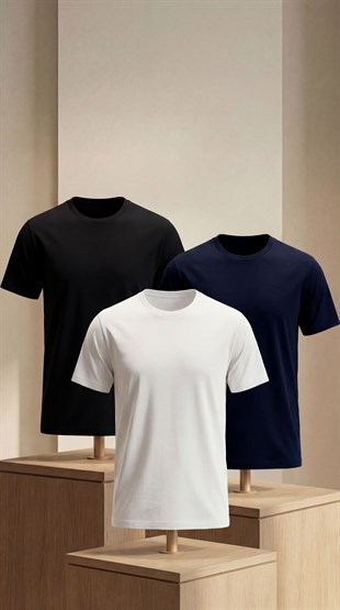 Premium %100 Organik Pamuk 3li Beyaz - Siyah - Lacivert Basic Slimfit Erkek Tişört