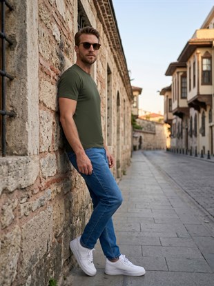 Premium %100 Organik Pamuk Basic Slimfit Haki Erkek Tişört
