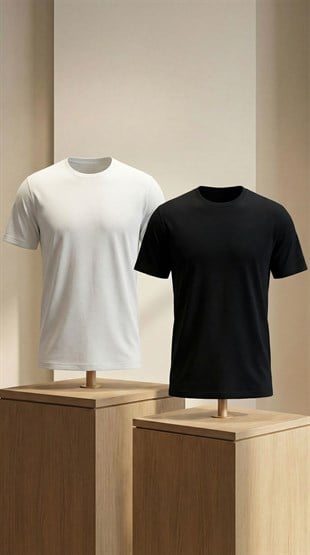Premium %100 Organik Pamuk 2li Beyaz-Siyah Basic Slimfit Erkek Tişört