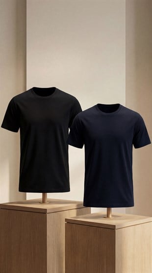 Premium %100 Organik Pamuk 2li Siyah-Lacivert Basic Slimfit Erkek Tişört