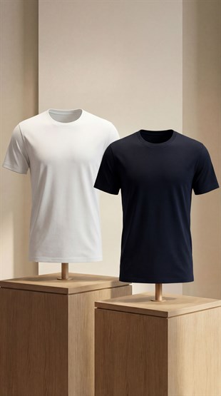 Premium %100 Organik Pamuk 2li Lacivert-Beyaz Basic Slimfit Erkek Tişört