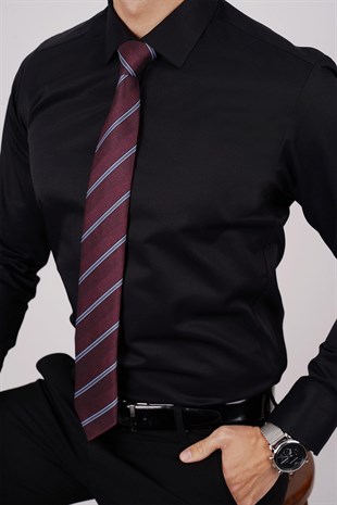 Siyah Saten & Bordo Çizgi Desen Hediye Kutulu Gömlek Kravat Seti 
