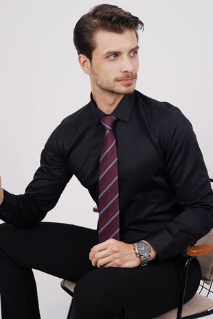 Siyah Saten & Bordo Çizgi Desen Hediye Kutulu Gömlek Kravat Seti 