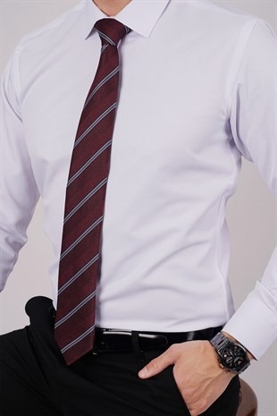 Beyaz Saten & Bordo Çizgi Desen Hediye Kutulu Gömlek Kravat Seti