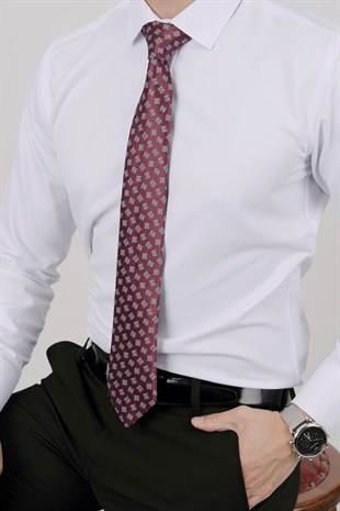 Beyaz Saten & Bordo Kare Desen Hediye Kutulu Gömlek Kravat Seti 