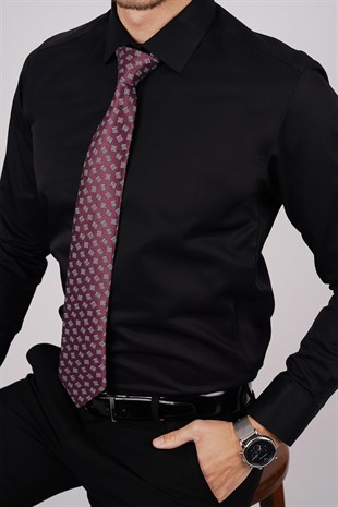 Siyah Saten & Bordo Kare Desen Hediye Kutulu Gömlek Kravat Seti