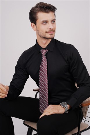 Siyah Saten & Bordo Kare Desen Hediye Kutulu Gömlek Kravat Seti