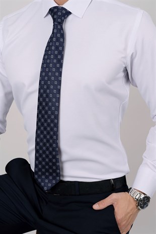 Beyaz Saten & Lacivert Turuncu Desen Hediye Kutulu Gömlek Kravat Seti 