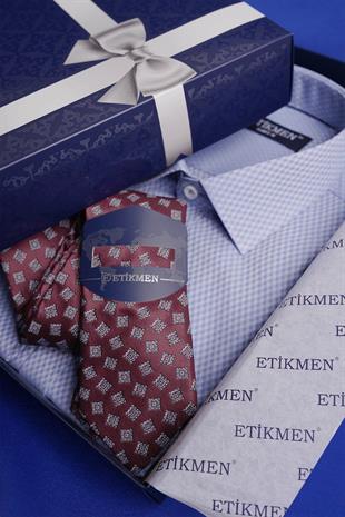 Mavi Baklava & Bordo Kare Desen Hediye Kutulu Gömlek Kravat Seti