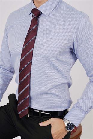 Mavi Baklava & Bordo Çizgi Desen Hediye Kutulu Gömlek Kravat Seti