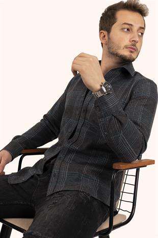 Açık Siyah Yeşil Çizgili Slimfit Oduncu Erkek Gömlek