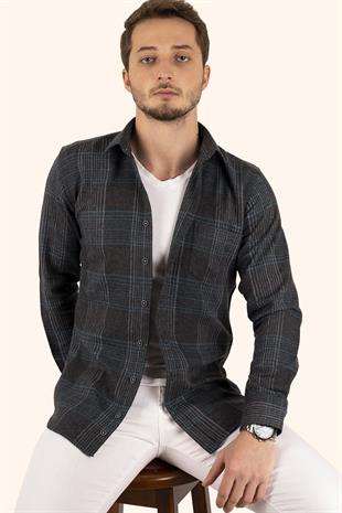 Açık Siyah Yeşil Çizgili Slimfit Oduncu Erkek Gömlek