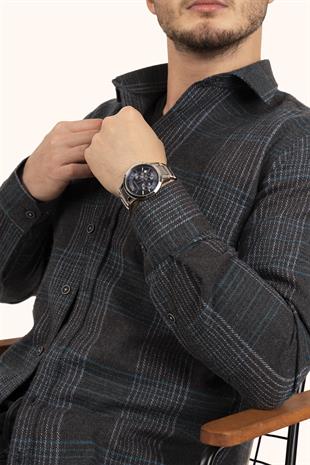 Açık Siyah Yeşil Çizgili Slimfit Oduncu Erkek Gömlek