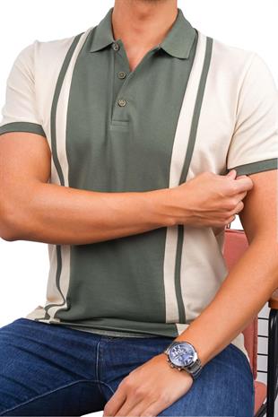 Bej Haki Çift Renkli Erkek Polo Yaka Tişört