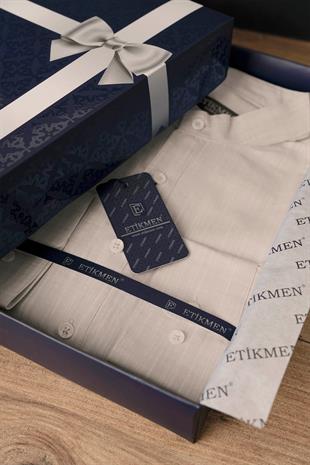 Bej Hakim Yaka Keten Üç Düğmeli Erkek Gömlek