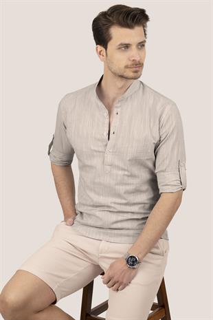 Bej Hakim Yaka Keten Üç Düğmeli Erkek Gömlek
