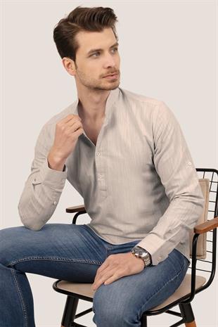 Bej Hakim Yaka Keten Üç Düğmeli Erkek Gömlek