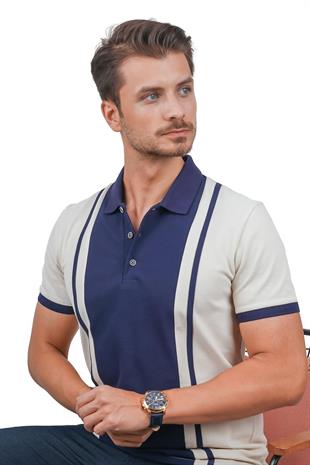 Bej Lacivert Çift Renkli Erkek Polo Yaka Tişört