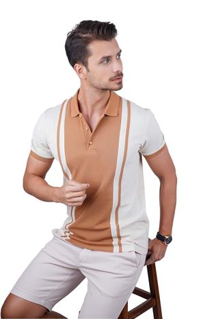 Bej Taba Çift Renkli Erkek Polo Yaka Tişört