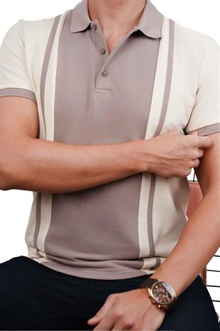 Bej Vizon Çift Renkli Erkek Polo Yaka Tişört