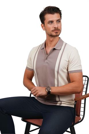 Bej Vizon Çift Renkli Erkek Polo Yaka Tişört