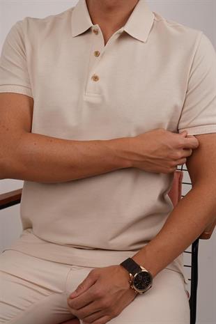 Bej Yaka Desenli Erkek Polo Yaka Tişört