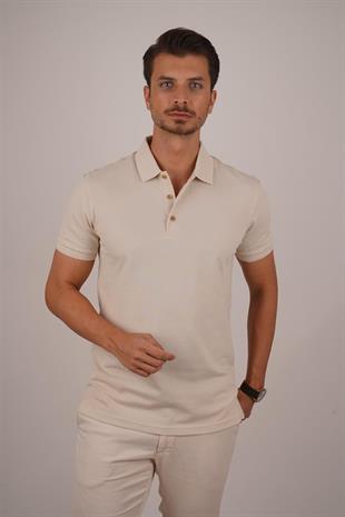 Bej Yaka Desenli Erkek Polo Yaka Tişört