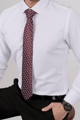 Beyaz Armür & Bordo Kare Desen Hediye Kutulu Gömlek Kravat Seti 