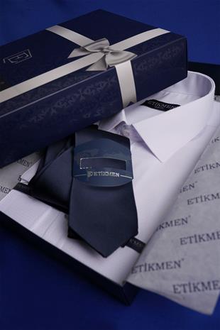 Beyaz Armür & Lacivert Düz Hediye Kutulu Gömlek Kravat Seti 