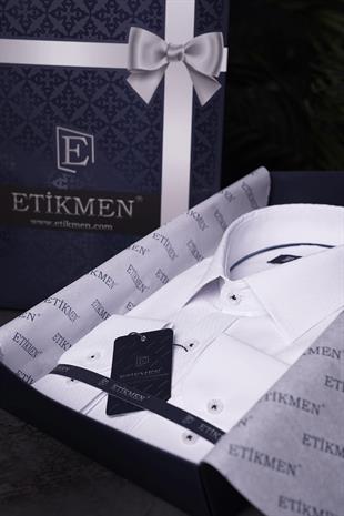 Beyaz Baklava Desen Slimfit Erkek Gömlek